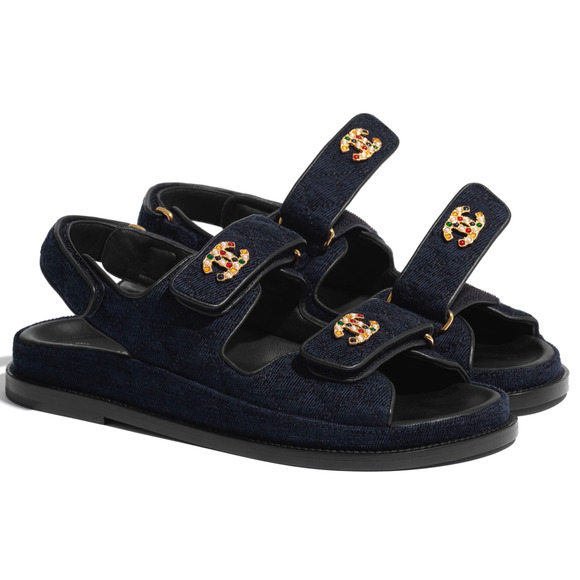 Chanel 21A Blue Velvet Denim CC Logo Mule Slide Strap Flat Teva Dad Sandal 40.5 - Picture 1 of 11